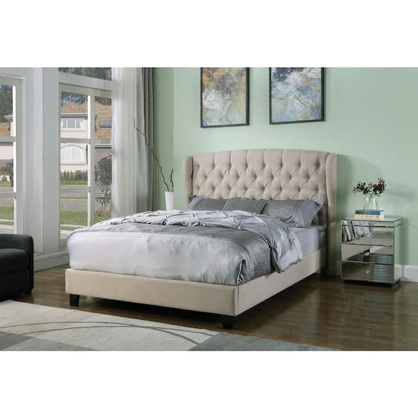 Platform Bed Tapered Legs Beige Upholstery Minimalist Low Profile