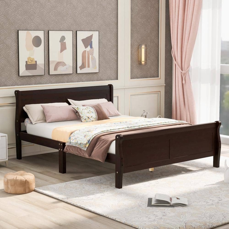 Platform Bed Transitional Espresso Finish Matching Slatted Footboard