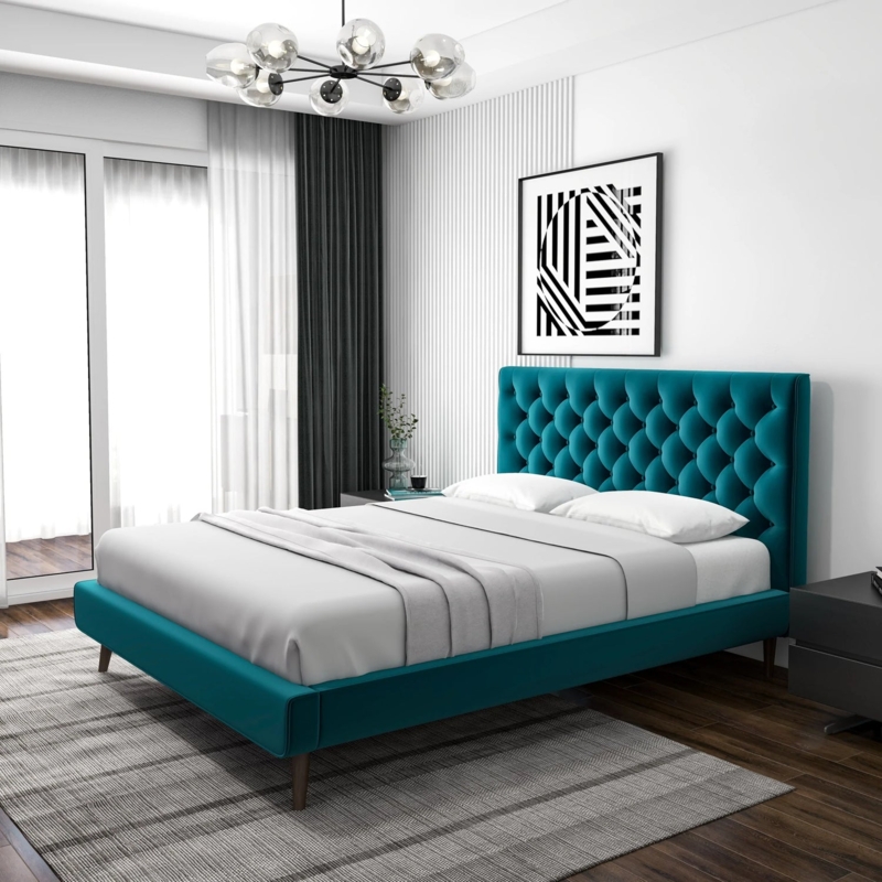 Platform Bed Turquoise Diamond Tufted Wingback Velvet Style