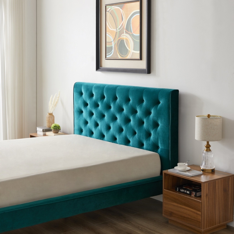Platform Bed Turquoise Velvet Vertical Channel Tufting Tapered Legs