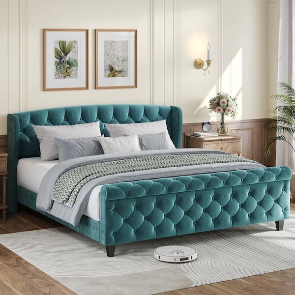 Platform Bed Turquoise Wingback Button Tufted Scroll Footboard Velvet