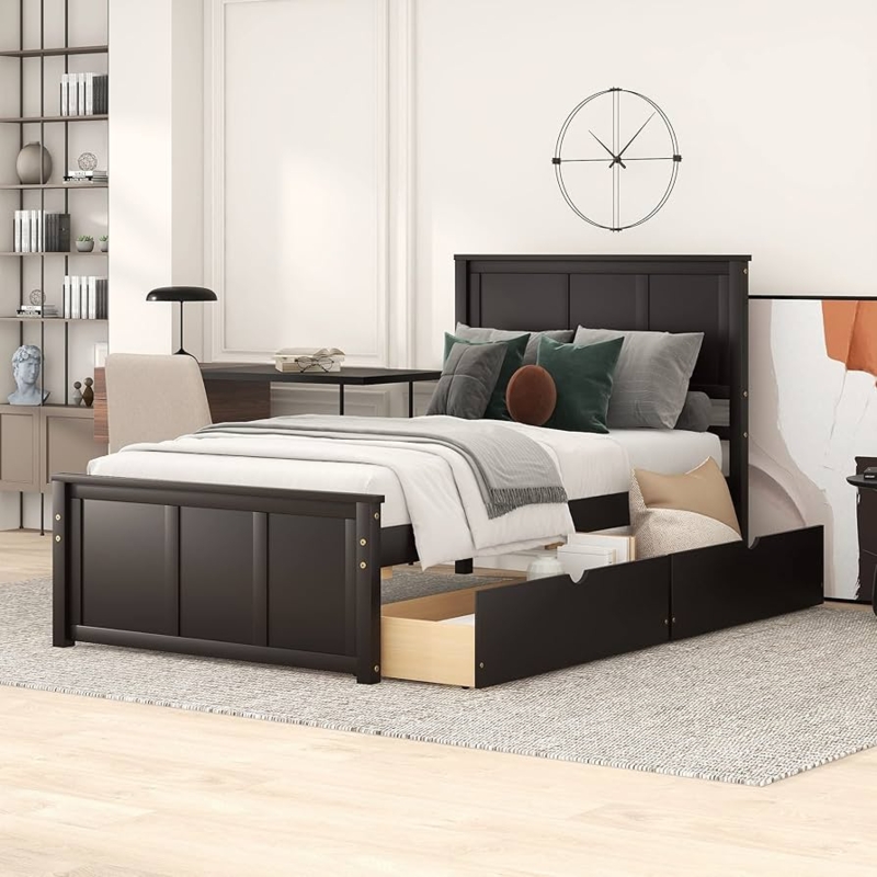 Platform Bed Twin Cutout Handles Under Bed Storage Slatted Traditional