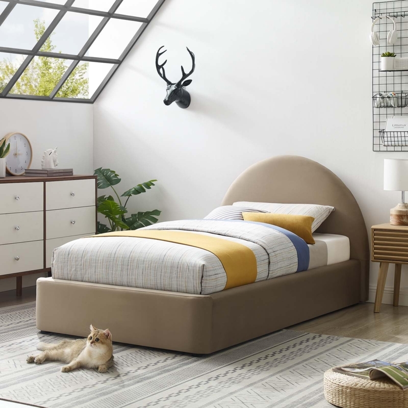 Platform Bed Twin Size with Arched Headboard in Taupe Velvet