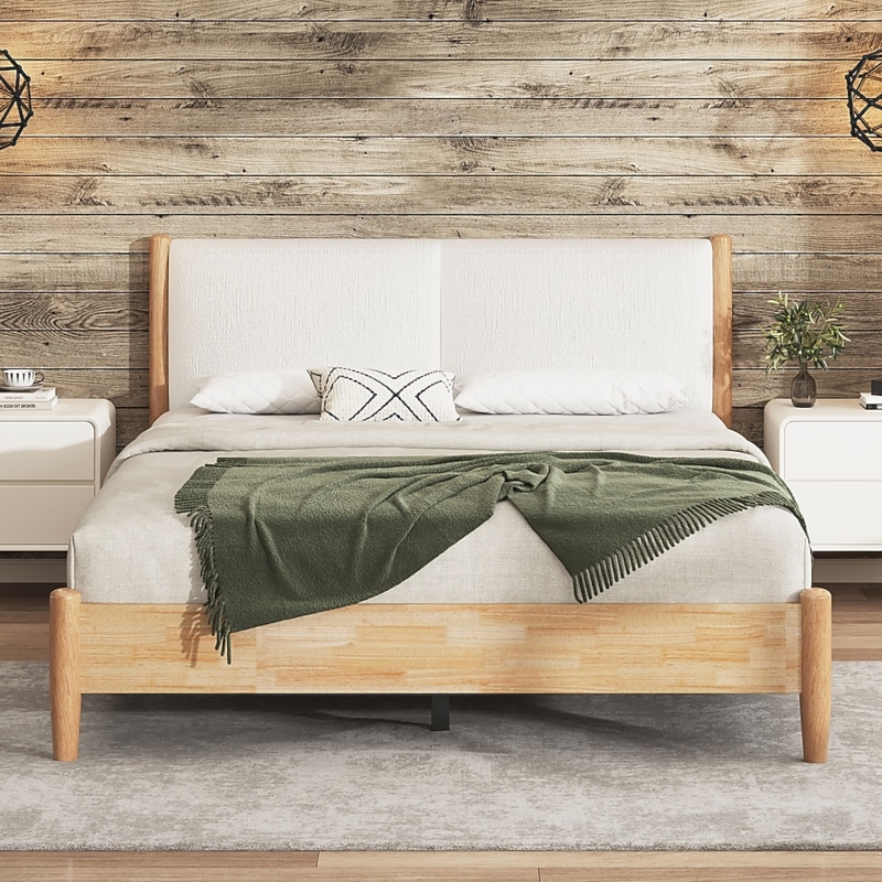 Platform Bed Two Tone Design White Upholstered Headboard Wood Frame