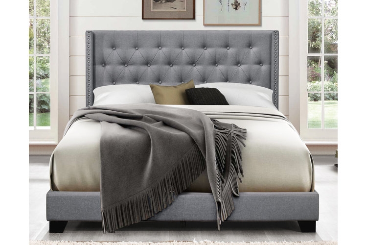 Platform Bed Upholstered Grey Low Profile Minimalist Bed Frame