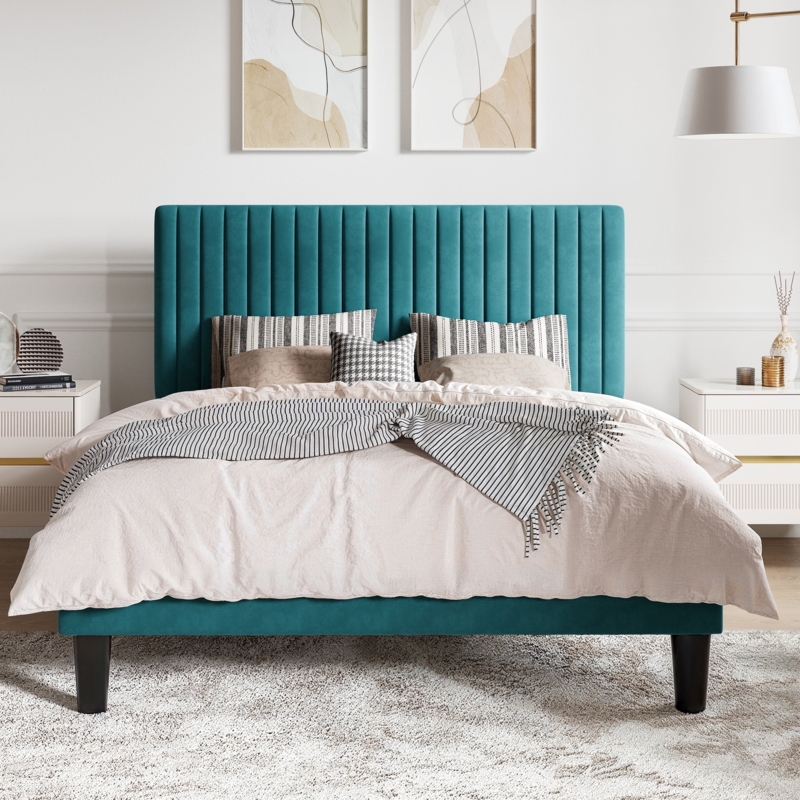 Platform Bed Velvet Channel Tufted Headboard Low Profile