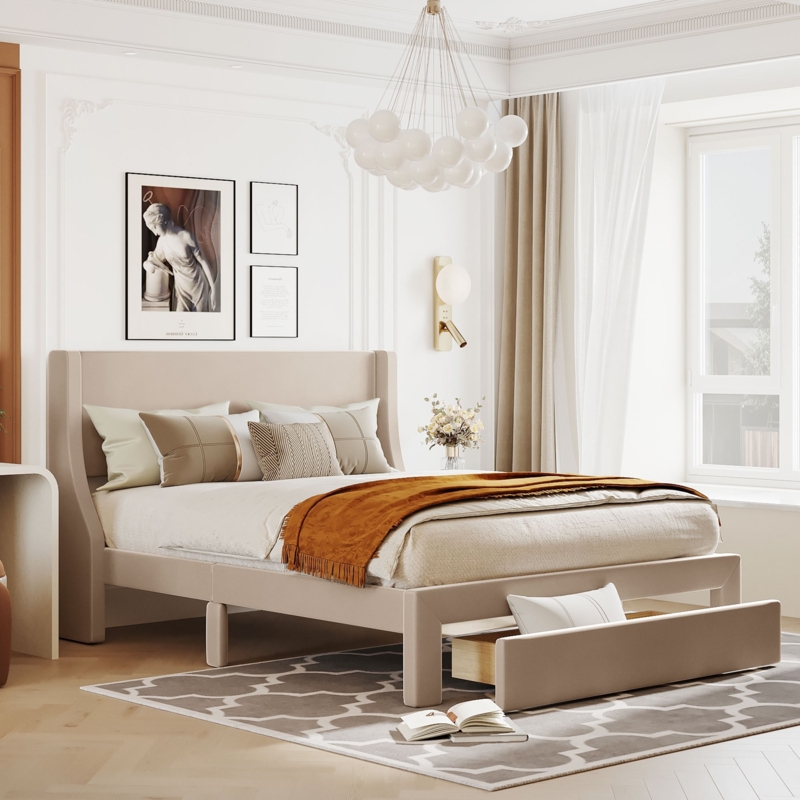 Platform Bed Velvet-Like Vertical Channel Wingback Storage Drawer