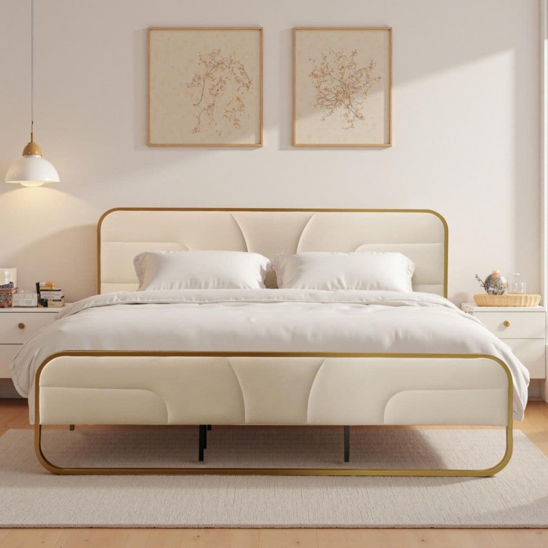 Platform Bed Vertical Channel Tufted Wingback Velvet Glam