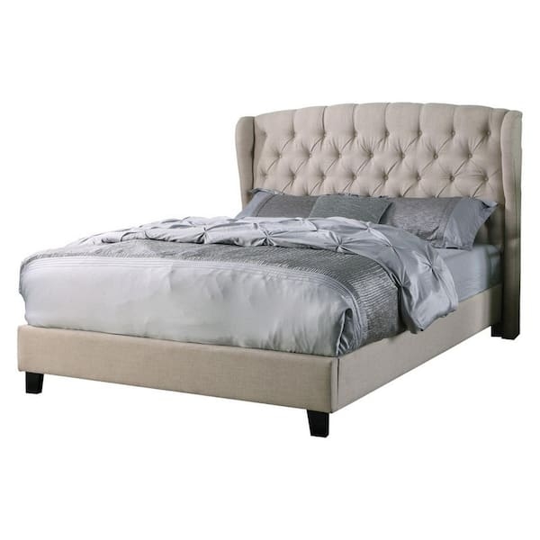 Platform Bed Vertical Channel Tufting Low Profile Frame Linen Look