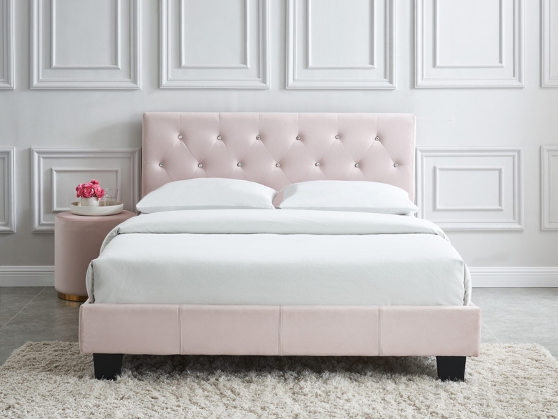 Platform Bed Vertical Ribbing Blush Pink Velvet Tapered Legs Modern