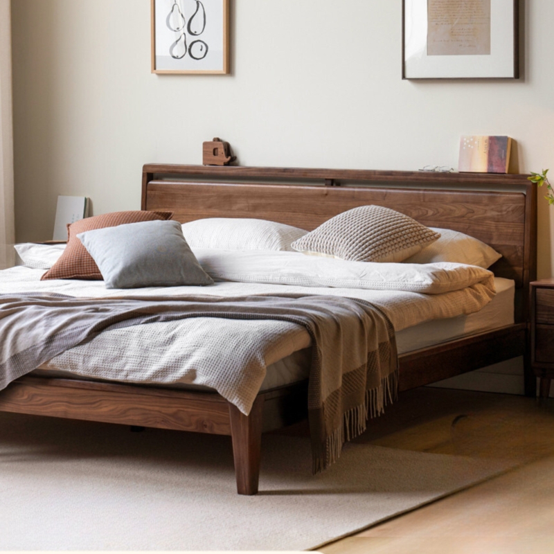 Platform Bed Walnut Dual-Panel White Upholstered Headboard