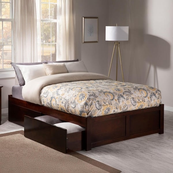 Platform Bed Walnut Finish Flat Panel Footboard Storage Drawers