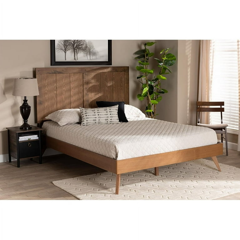 Platform Bed Walnut Finish Slatted Headboard Tapered Legs Mid-Century