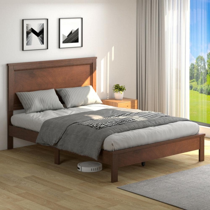 Platform Bed Walnut Panelled Headboard Mid-Century Tapered Legs