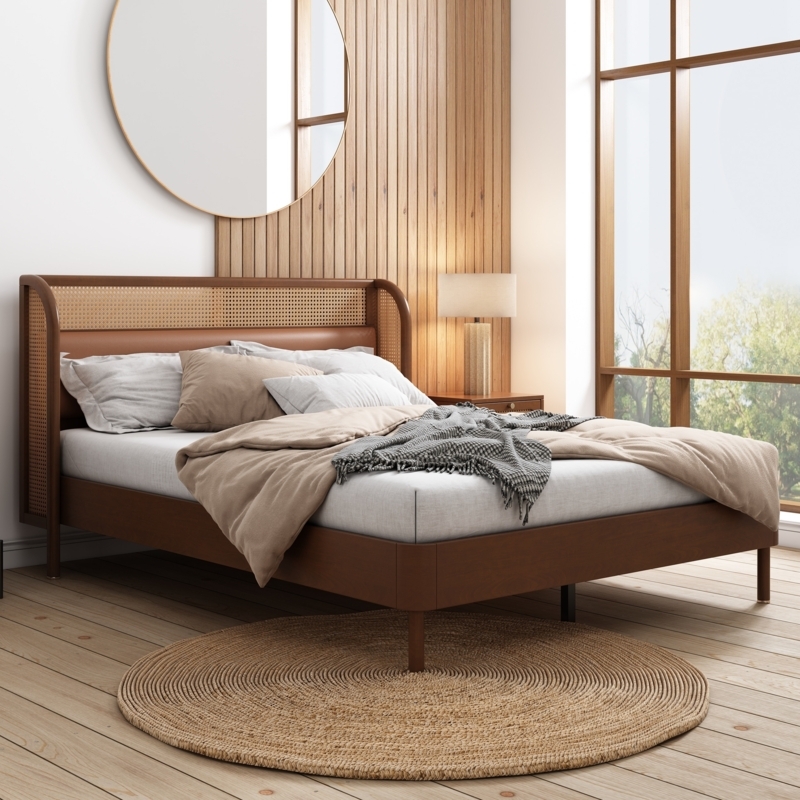 Platform Bed Walnut Rattan Bordered Headboard Mixed Material Boho