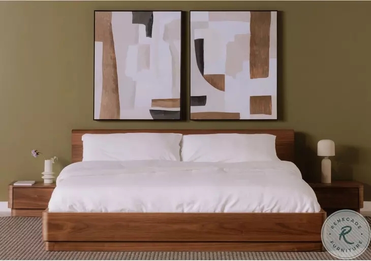 Platform Bed Walnut Tone Rounded Corners Low Profile Mid Century Modern