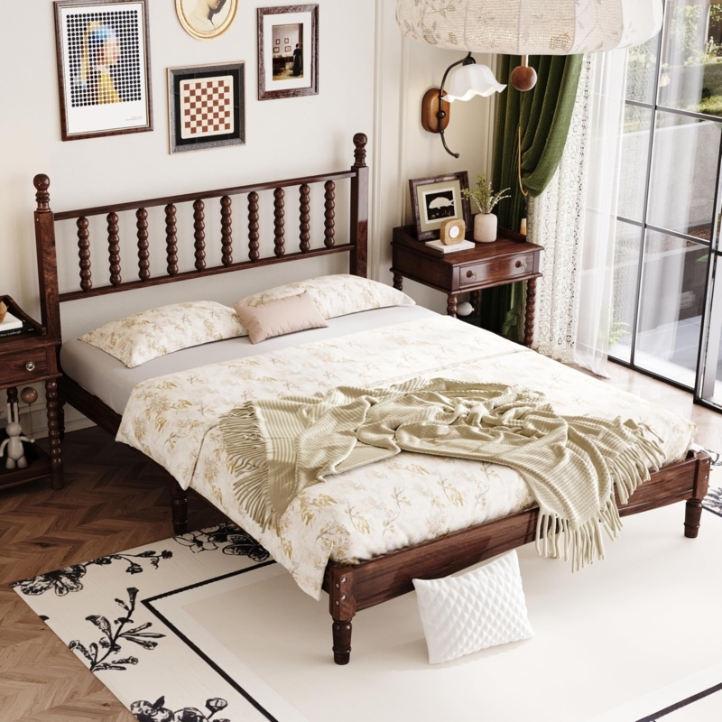 Platform Bed Walnut Toned Spindle Headboard Tapered Legs Retro Modern
