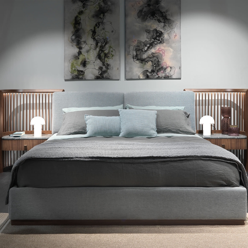 Platform Bed Walnut Toned Wood Integrated Nightstands Cream Upholstered