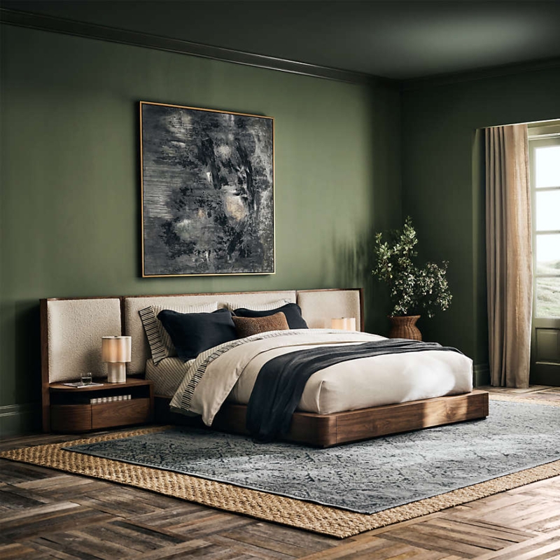 Platform Bed Walnut Wood Integrated Nightstands Wide Headboard Mid Century