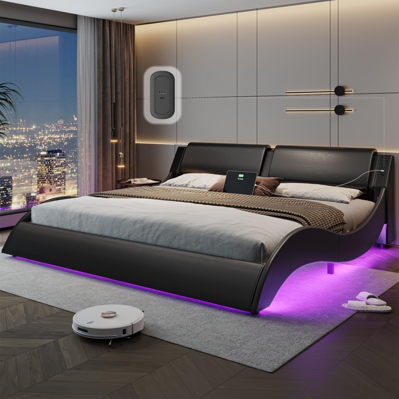 Platform Bed Wave Curve Silhouette LED Headboard Futuristic Bedroom