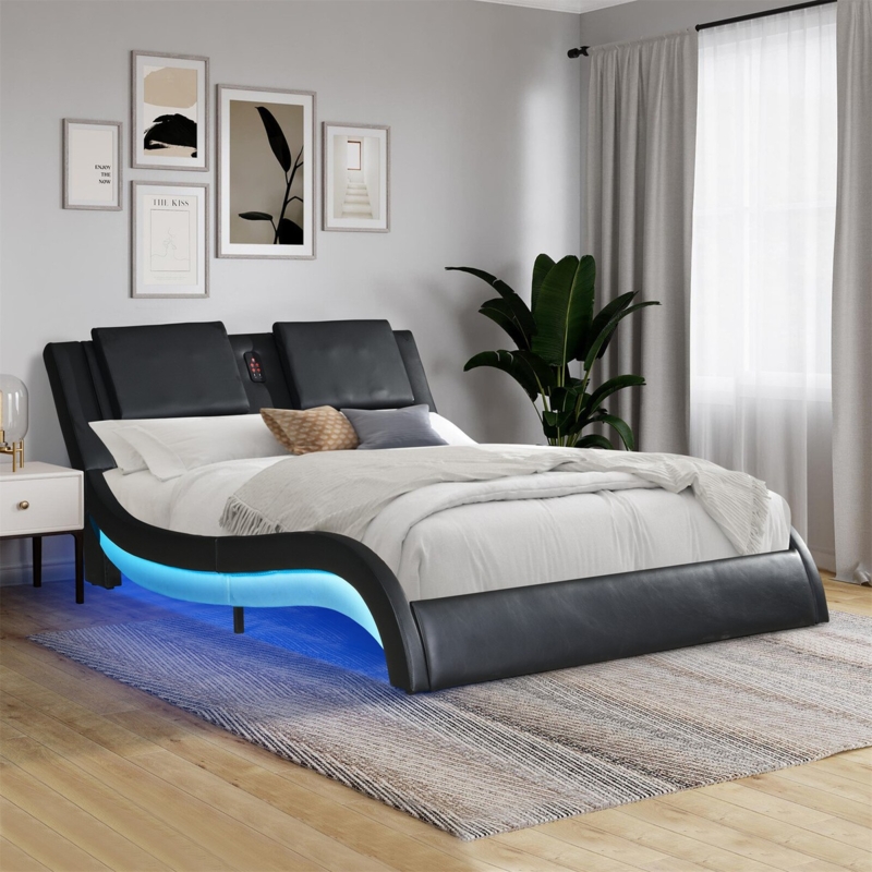 Platform Bed Wave Silhouette Integrated LED Lighting Tech Modern