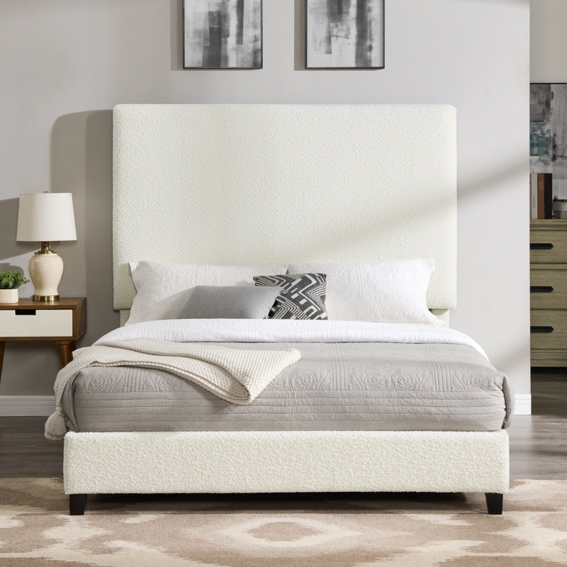 Platform Bed White Boucle Upholstery Tapered Wood Legs Contemporary
