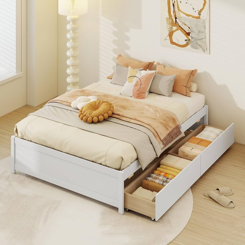 Platform Bed White Finish Slatted Footboard Underbed Storage
