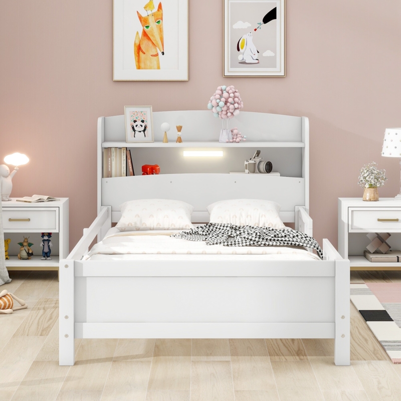 Platform Bed White Headboard Shelf Footboard Drawer Integrated LED