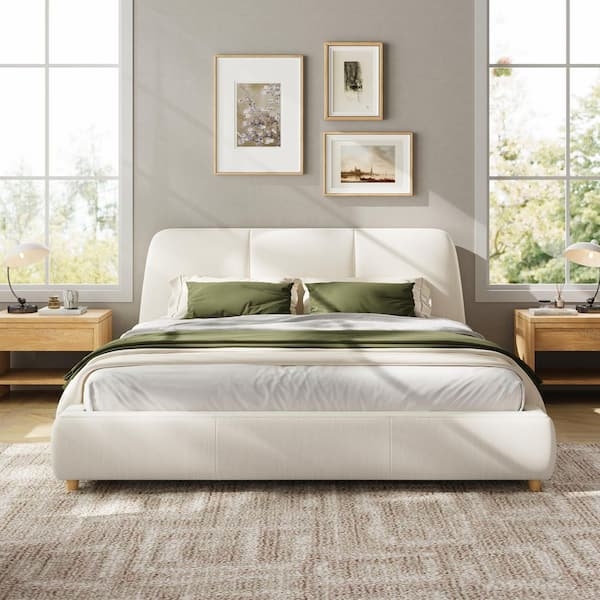 Platform Bed, White Linen-Like with Diamond Button Tufting