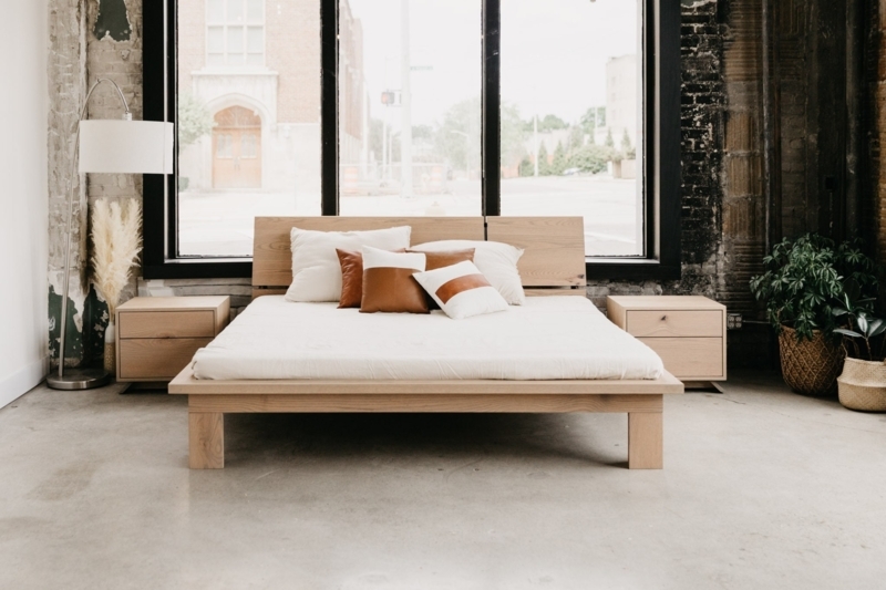 Platform Bed White Oak Finish Slatted Headboard Minimalist Scandinavian