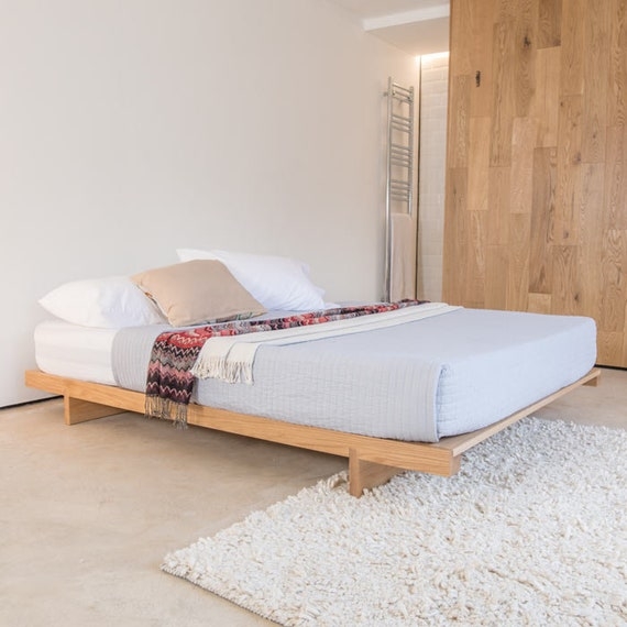 Platform Bed Wide Platform Base Low Profile Natural Wood Airy Japandi