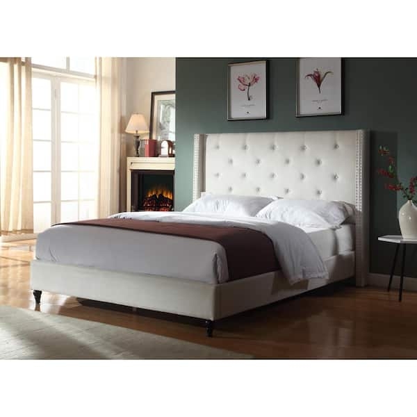 Platform Bed Wingback Headboard Tall Silhouette Beige Linen Blend