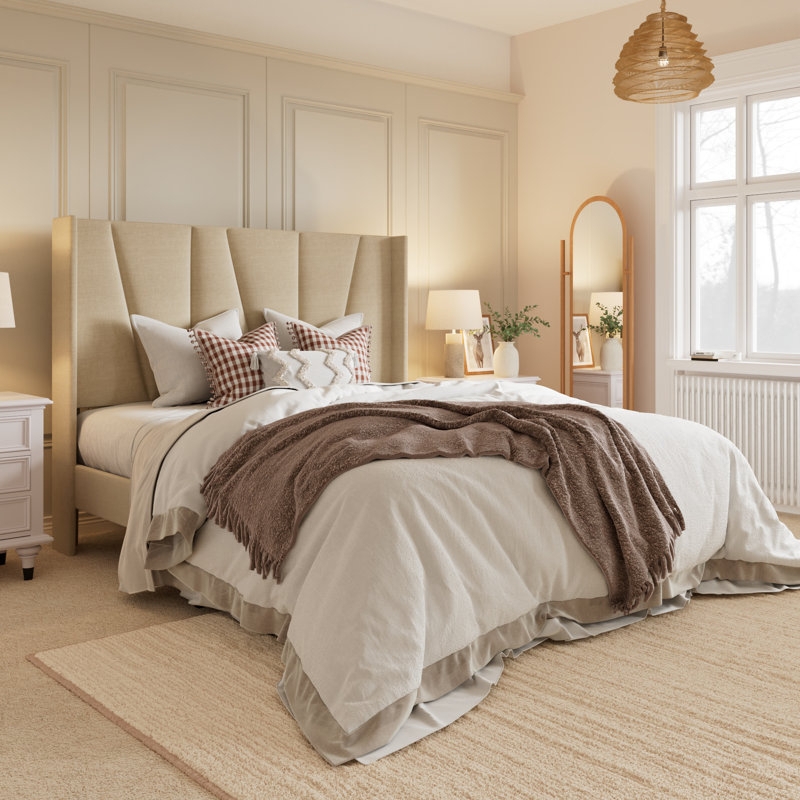 Platform Bed, Wingback Headboard, Vertical Channel Tufting, Light Beige