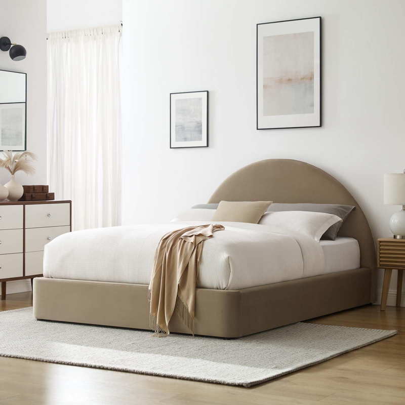 Platform Bed with Arched Headboard in Velvet Minimalist Design
