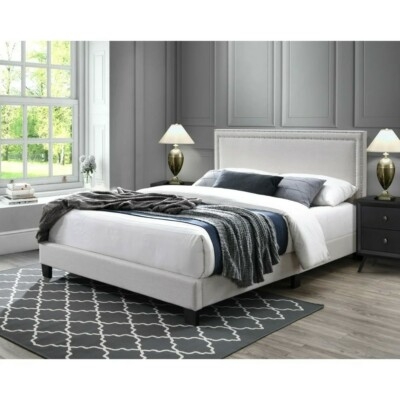 Platform Bed with Block Feet and Diamond Button Tufting