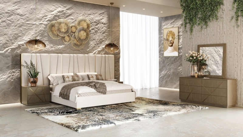 Platform Bed with Brushed Bronze Trim and Velvet Upholstery