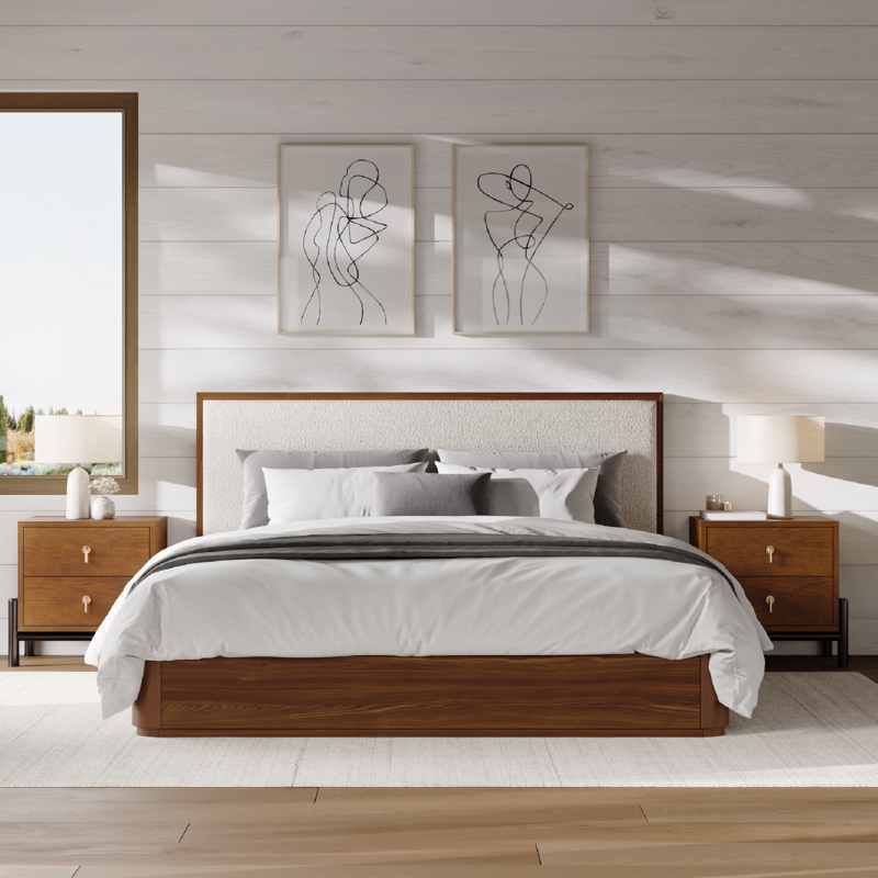 Platform Bed with Curved Boucle Headboard and Low Profile Wood Frame