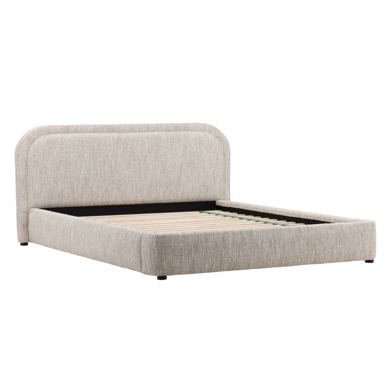Platform Bed with Curved Headboard in Beige Boucle Texture