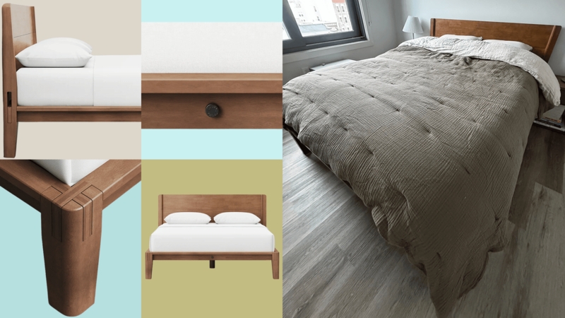 Platform Bed with Cushion Headboard, Exposed Joinery Bed Frame