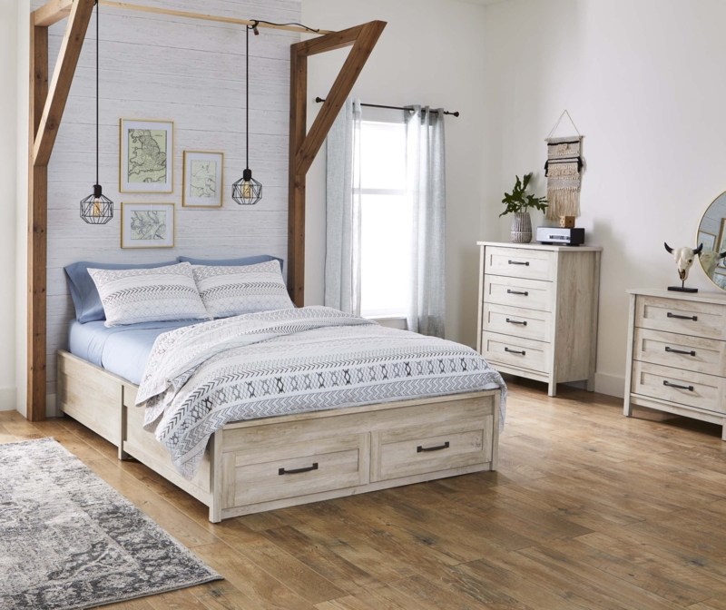 Platform Bed with Footboard Storage, Rustic White and Wood Two-Tone Finish