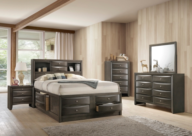 Platform Bed with Footboard Storage & Weathered Gray Finish Set