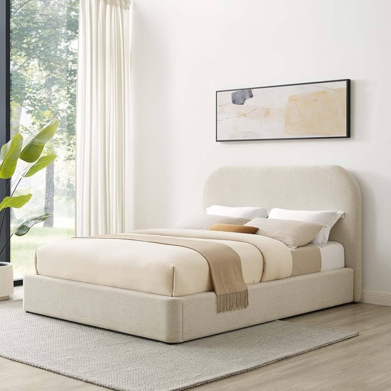 Platform Bed with Heathered Woven Fabric and Sweeping Curved Headboard