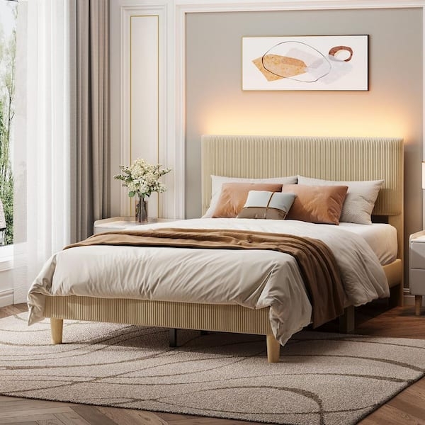 Platform Bed with Integrated LED Lighting and Wood Frame Headboard