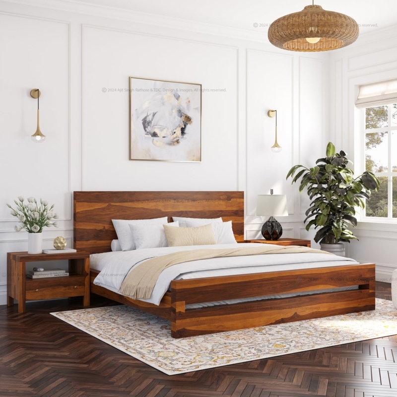 Platform Bed with Integrated Nightstands & Floating Base Japandi Style