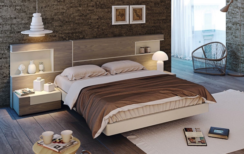 Platform Bed with Integrated Nightstands in Modern Dark Wood finish