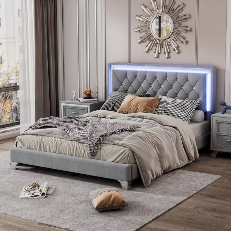 Platform Bed with LED Lighting and Glam Crystal Tufted Headboard