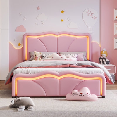 Platform Bed with LED Lighting, Grey Tufted Wingback Headboard