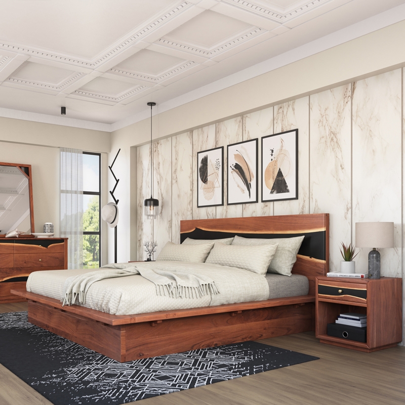Platform Bed with Live Edge Acacia Wood and Epoxy Resin Inlay Headboard