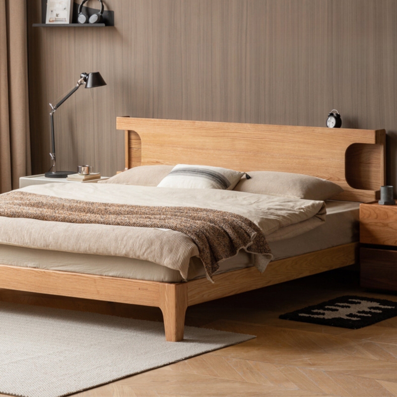 Platform Bed with Luminous Headboard Feature, Nordic Oak Minimalist Bed