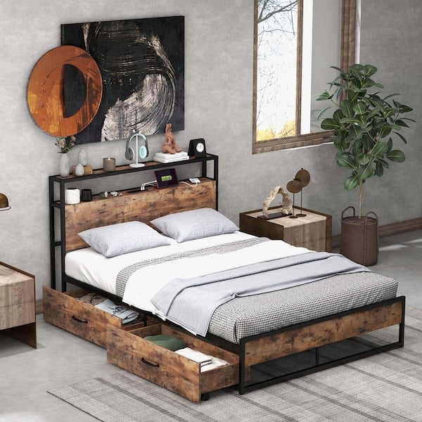 Platform Bed with Mesh Storage Drawers, Charging Port & Rustic Finish